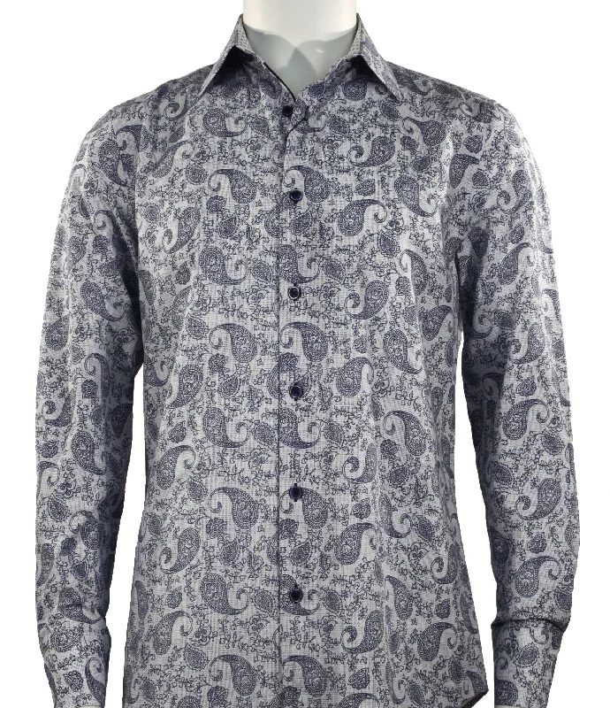 Navy Blue Paisley Printed Long Sleeve Button-Up Cotton Shirt