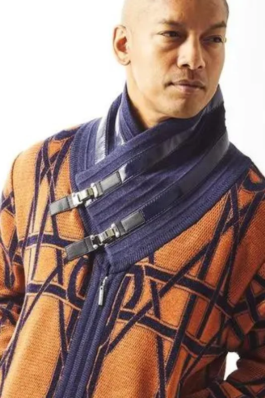 Men's Two Tone Full-Zip Buckle Collar Sweater In Navy