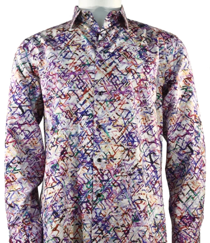 Purple Printed Men's Long Sleeve Button-Up Cotton Shirt