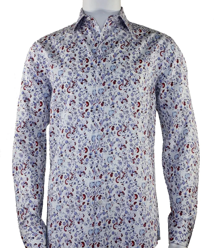 White Floral Pattern Printed Long Sleeve Button-Up Cotton Shirt