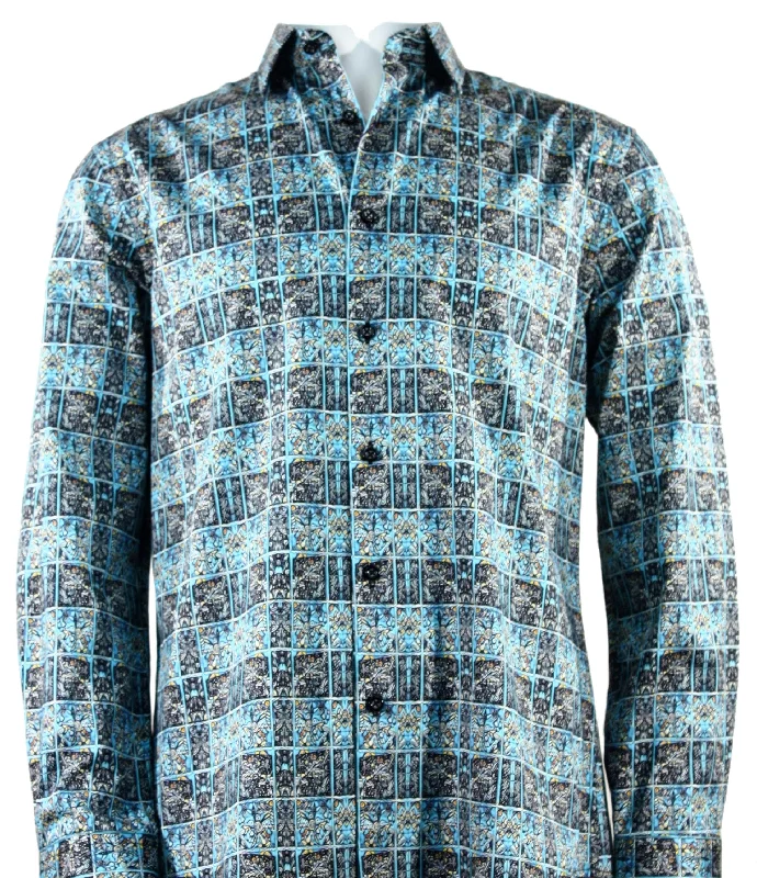 Turquoise  Printed Men's Long Sleeve Button-Up Cotton Shirt