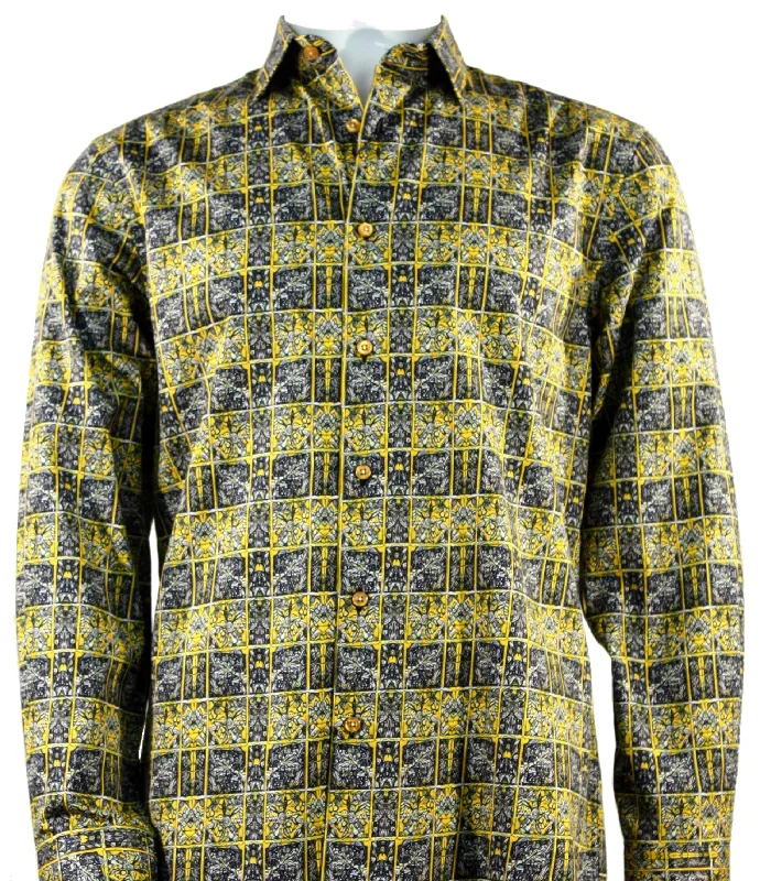 Yellow Printed Men's Long Sleeve Button-Up Cotton Shirt