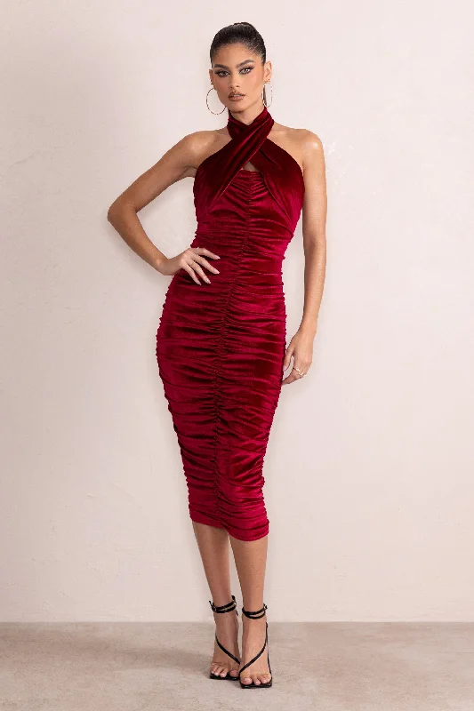 Hourglass | Berry Velvet Halterneck Ruched Midi Dress