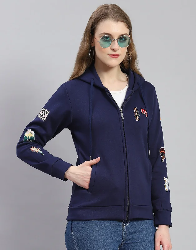 Women Navy Blue Embroidered Hooded Full Sleeve Sweatshirt