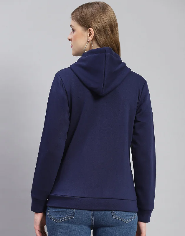 Women Navy Blue Embroidered Hooded Full Sleeve Sweatshirt