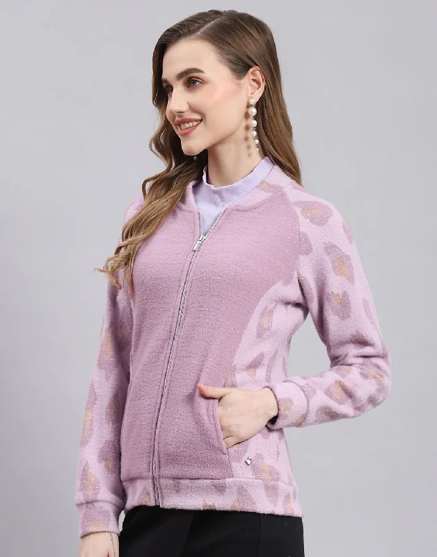 Women Purple Solid Stand Collar Full Sleeve Sweatshirt