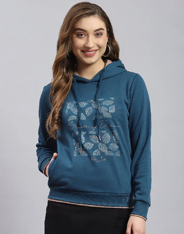 Women Teal Blue Embroidered Hooded Full Sleeve Sweatshirt