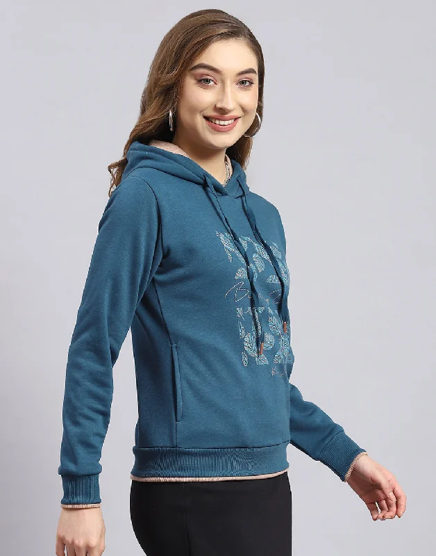 Women Teal Blue Embroidered Hooded Full Sleeve Sweatshirt