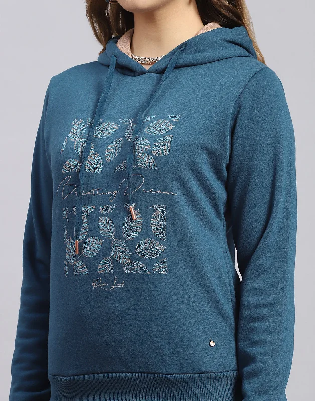 Women Teal Blue Embroidered Hooded Full Sleeve Sweatshirt