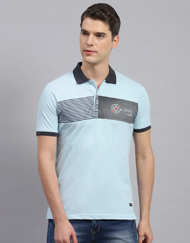 Men's Shirts with Geometric PatternsMen Sky Blue Printed Polo Collar Half Sleeve T-Shirt